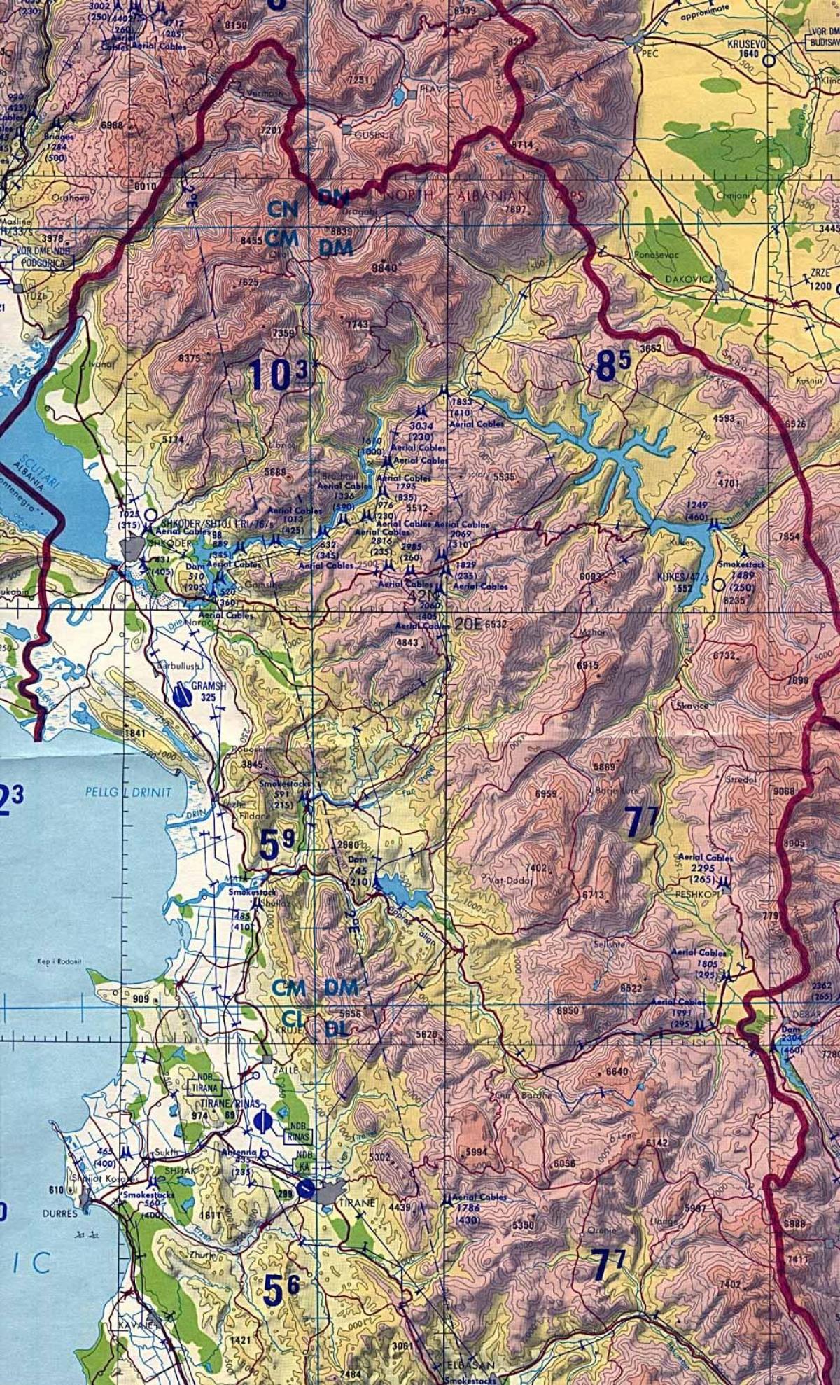 karte Albānija topogrāfiskās